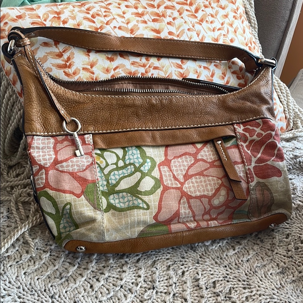 Fossil Floral Brown Leather Shoulder Bag
